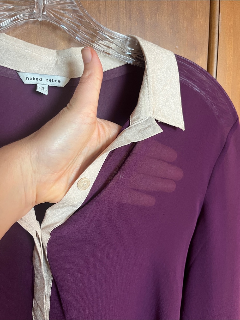Naked Zebra Plum Sheer Blouse with Champagne Contrast Collar